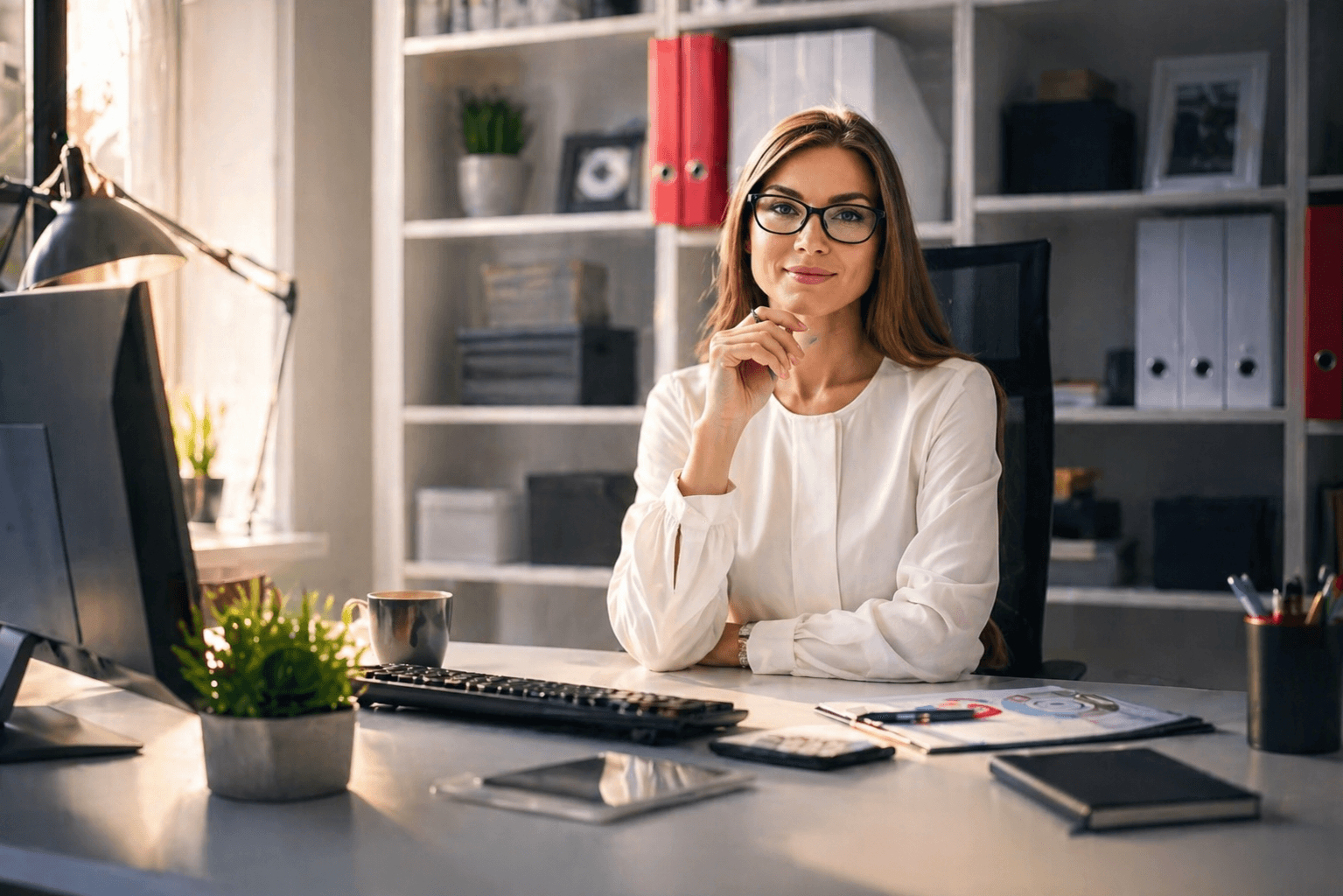 Une secrétaire indépendante au travail